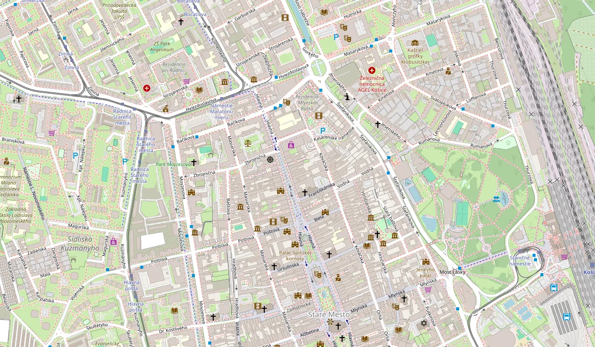 Mapa centra Košíc s označenou prevádzkou PartyFood.sk na Hlavnej 93